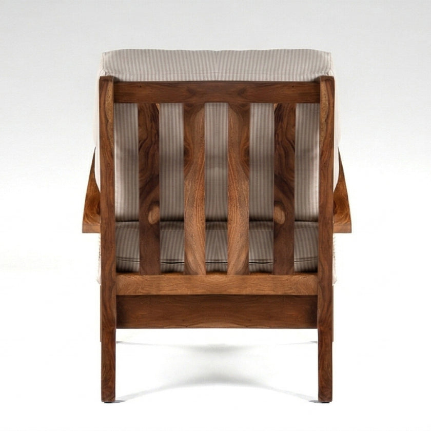 Solid Wood Lounge Armchair with Striped Upholstery