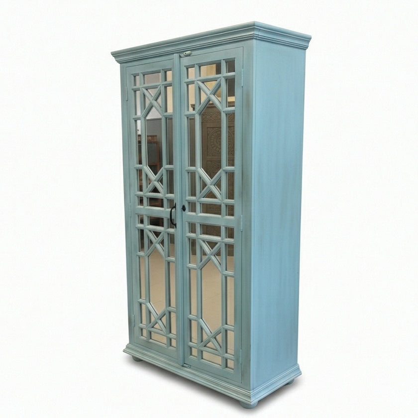 Solid Wood Display Cabinet with Glass Panel Doors Blue Finish Storage & Showcase Unit