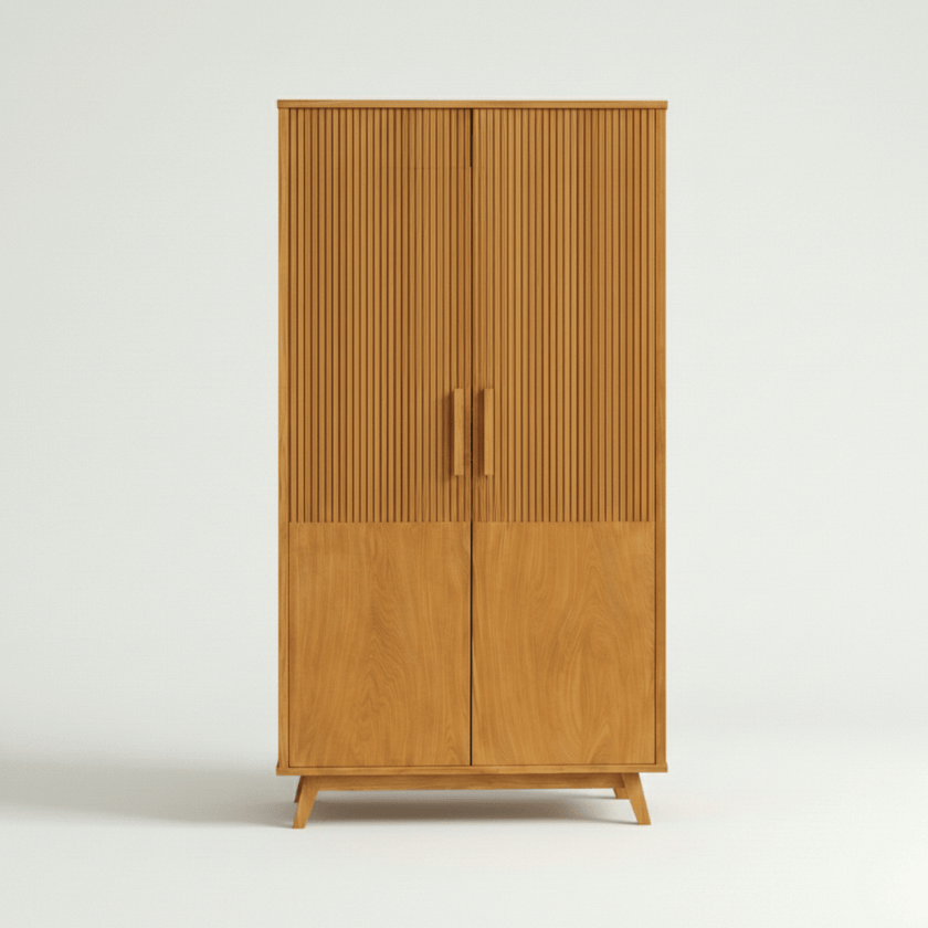 Karui Fluted Panel 2-Door Solid Oak Wood Almirah