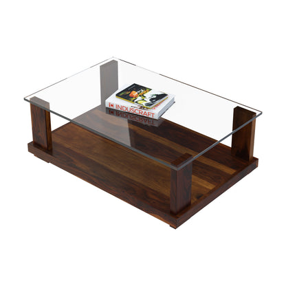 Demto Rectangular Glasstop Centre Table by Induscraft in Solid Sheesham Wood