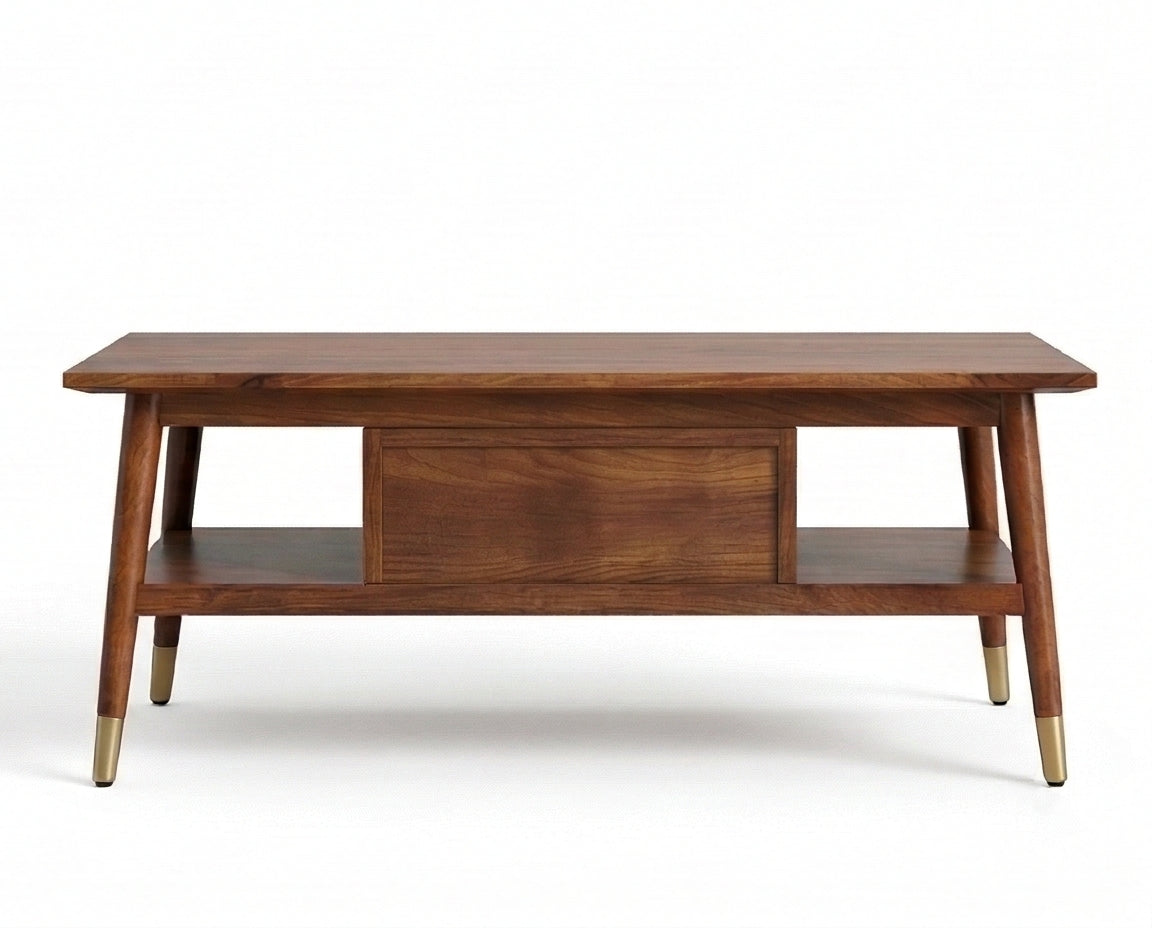 Mid-Century Solid Wood Coffee Table Cane Drawer Coffee Table with Shelf