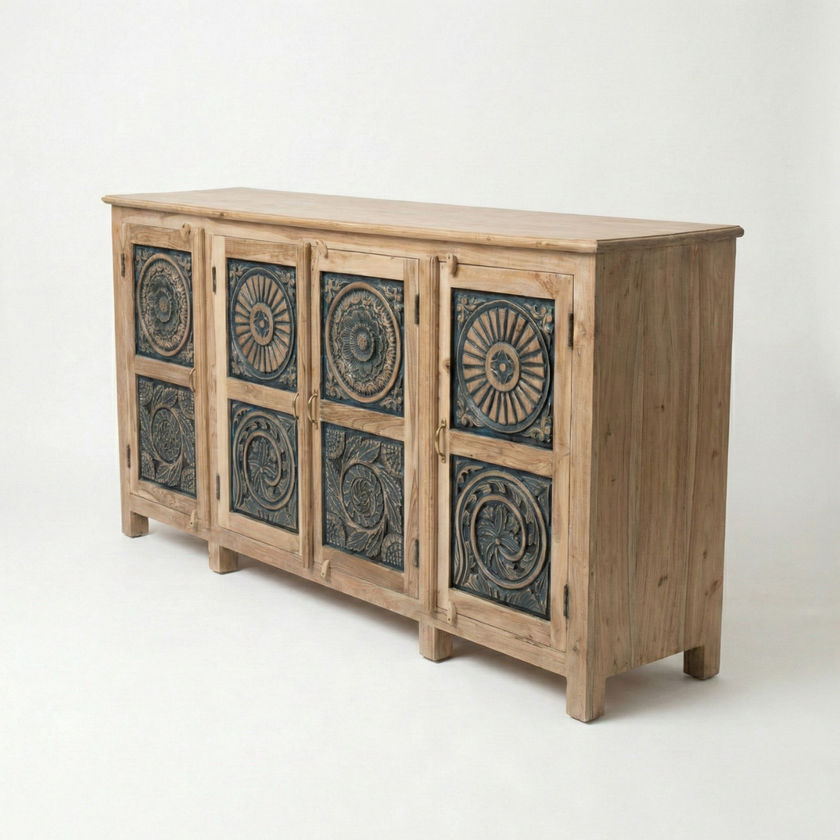 Meher Rustic Teak Wood 4 Door Carved Sideboard Cabinet