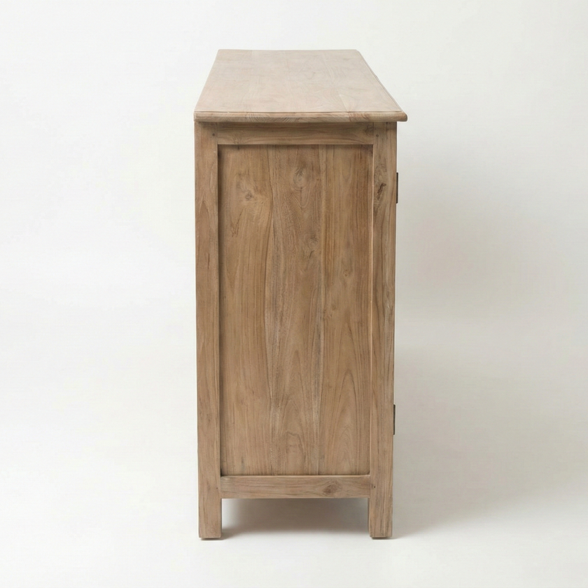 Meher Rustic Teak Wood 4 Door Carved Sideboard Cabinet