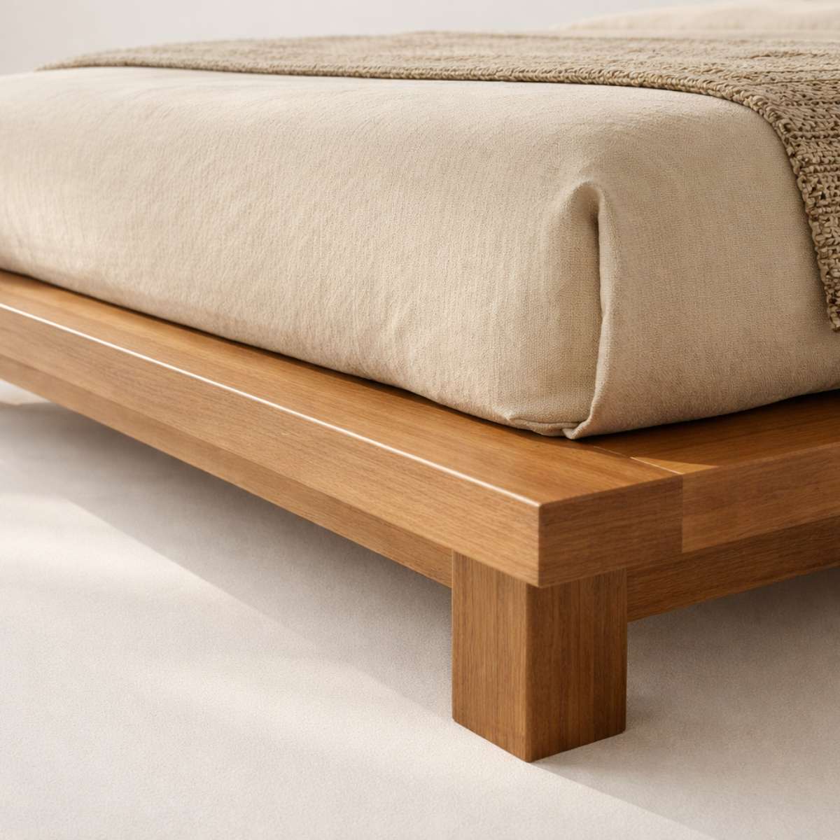 Karui Luxury Solid Oak Wood Platform Bed with Stilted Headboard