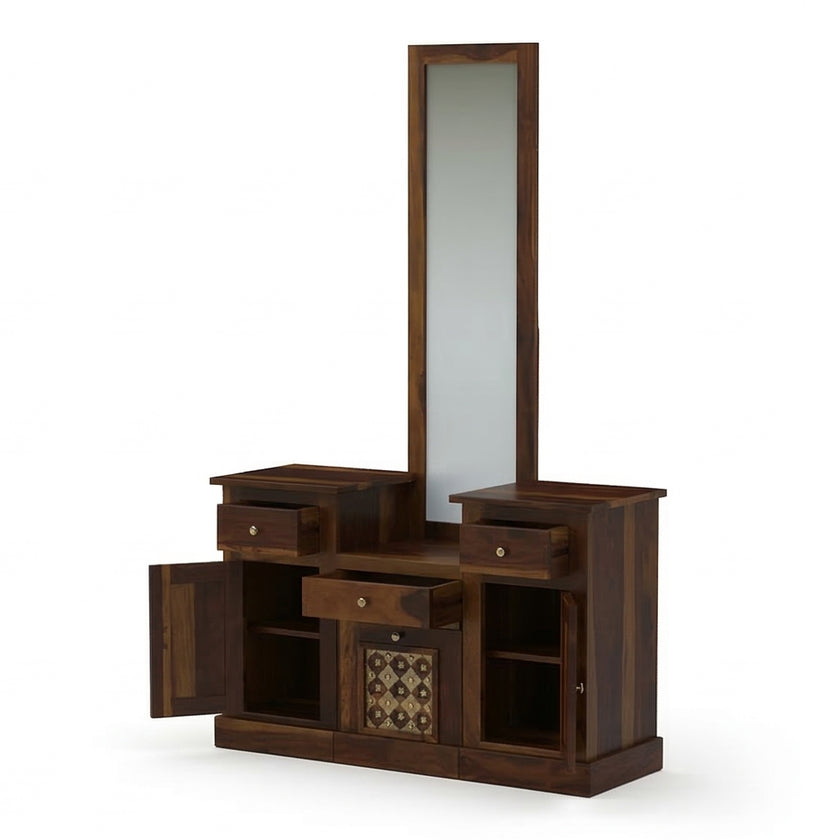 Solid Wood Dressing Table with Dual Storage Units & Cushioned Stool