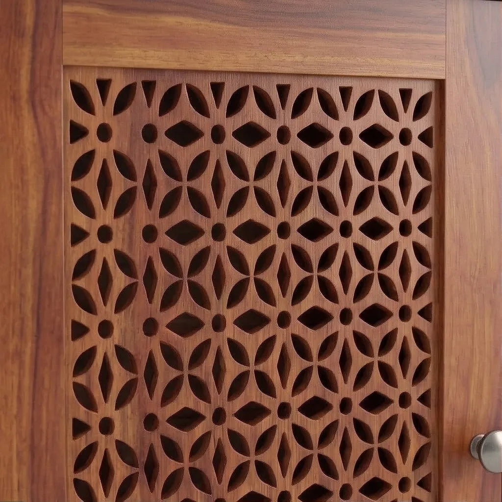 Solid Wood Shoe Rack with Carved Doors & Cushioned Bench Entryway Shoe Storage Cabinet