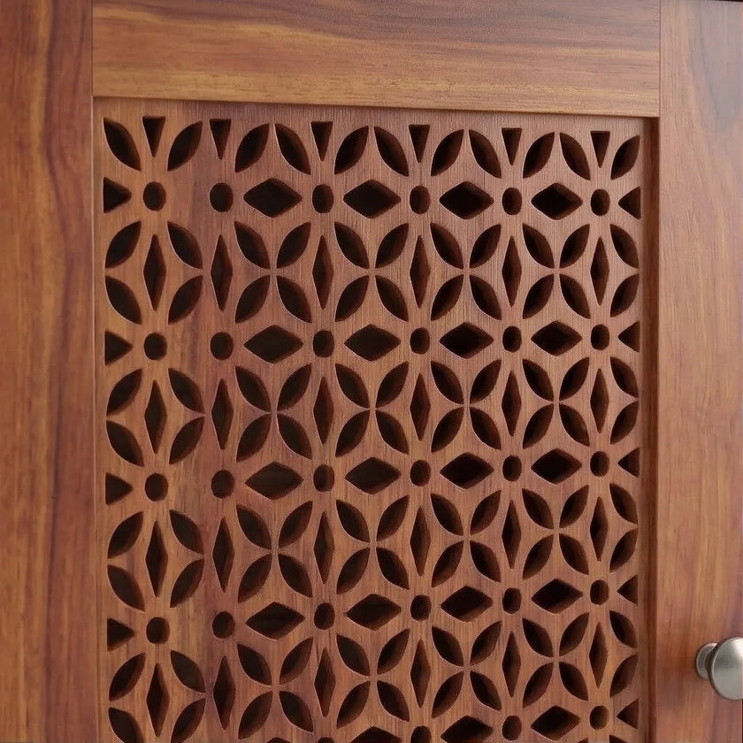 Solid Wood Shoe Rack with Carved Doors & Cushioned Bench Entryway Shoe Storage Cabinet
