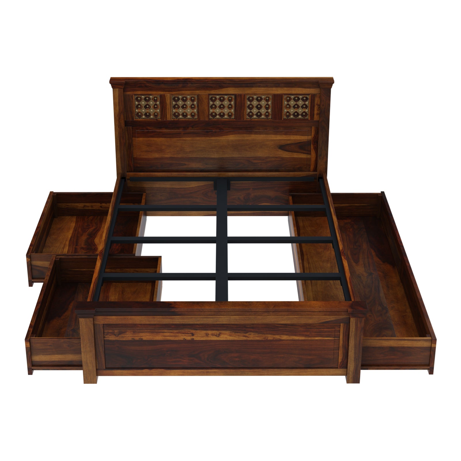 Heritage Style Sheesham Wood Bed with Brass Inlay Headboard