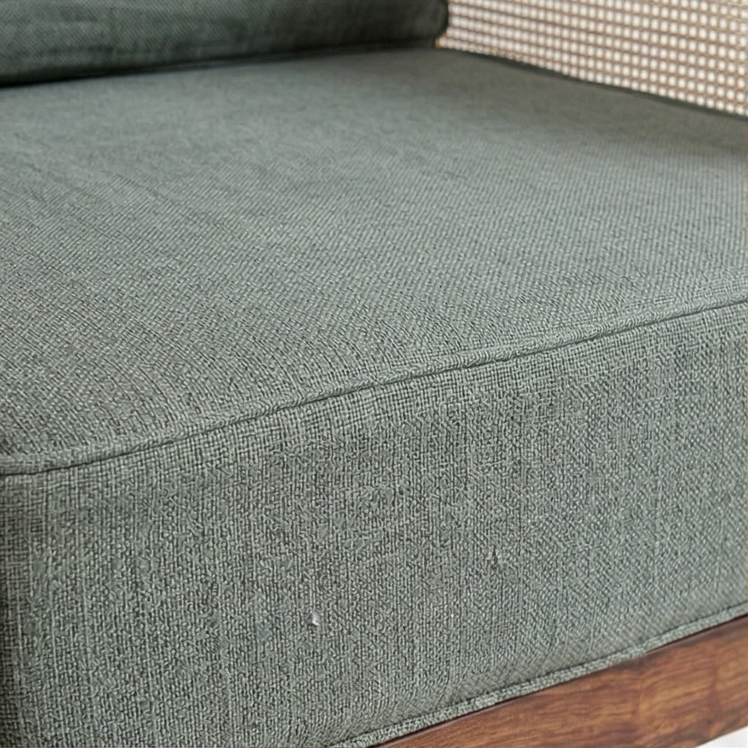 Solid Wood Cane Armchair with Upholstered Cushion Modern Rattan Accent Chair