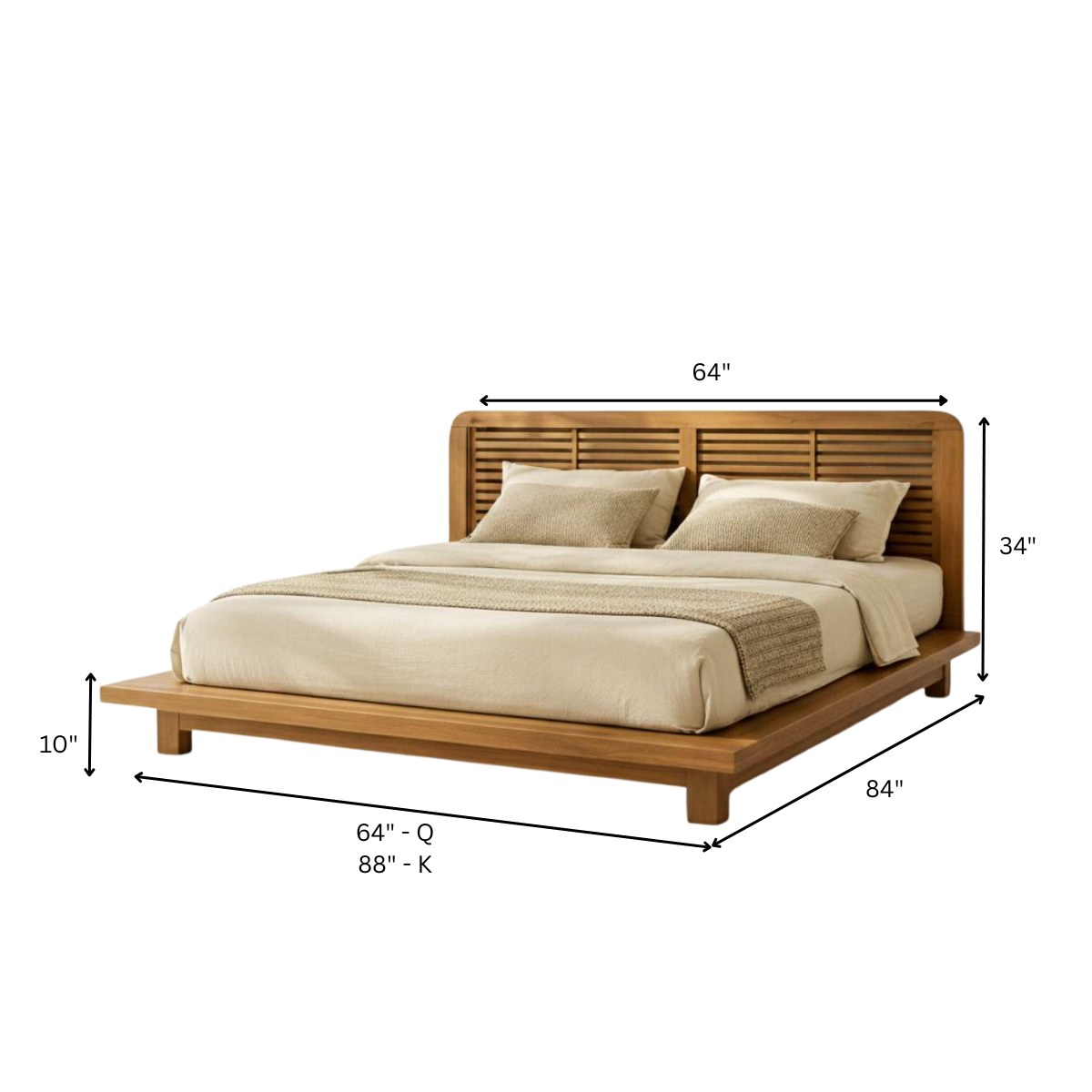 Karui Luxury Solid Oak Wood Platform Bed with Stilted Headboard