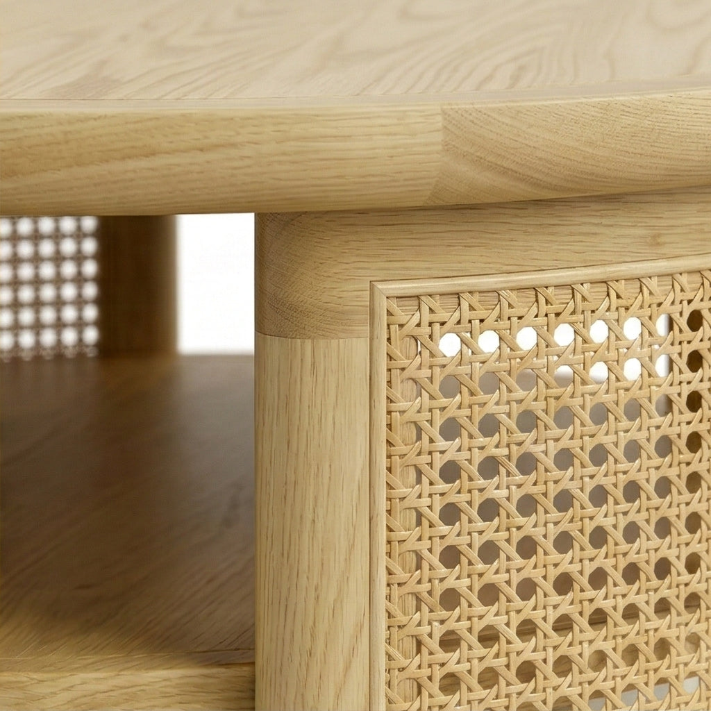 Aprd Round Solid Wood Cane Coffee Table with Storage Shelf