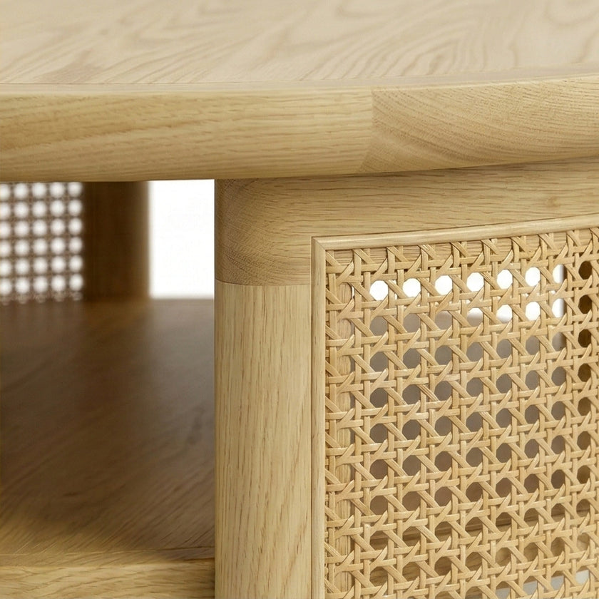 Aprd Round Solid Wood Cane Coffee Table with Storage Shelf