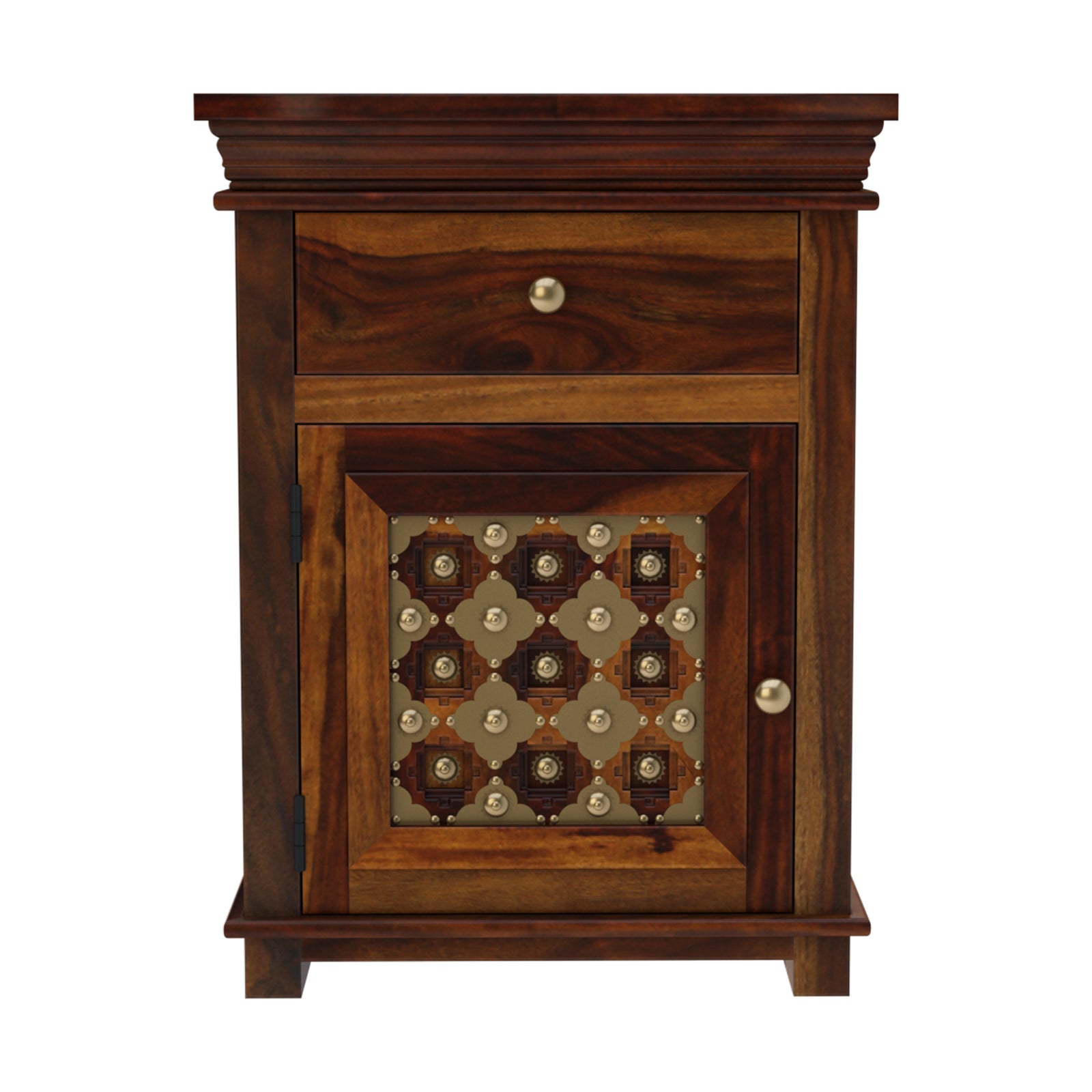 Brass Fusion Sheesham Wood Vintage Carved Bedside Table