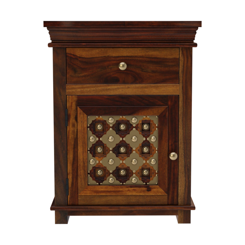 Brass Fusion Sheesham Wood Vintage Carved Bedside Table