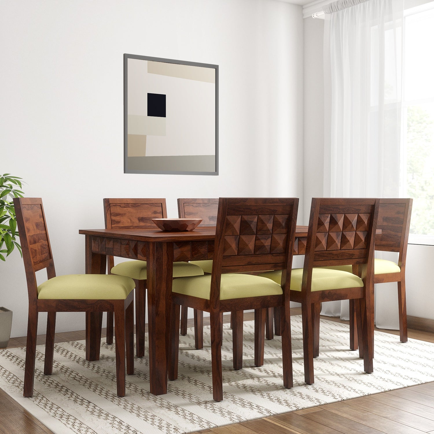 Antilla Dining Table with Chairs and Bench (6 Seater) by Induscraft in Solid Sheesham Wood for Dining Table