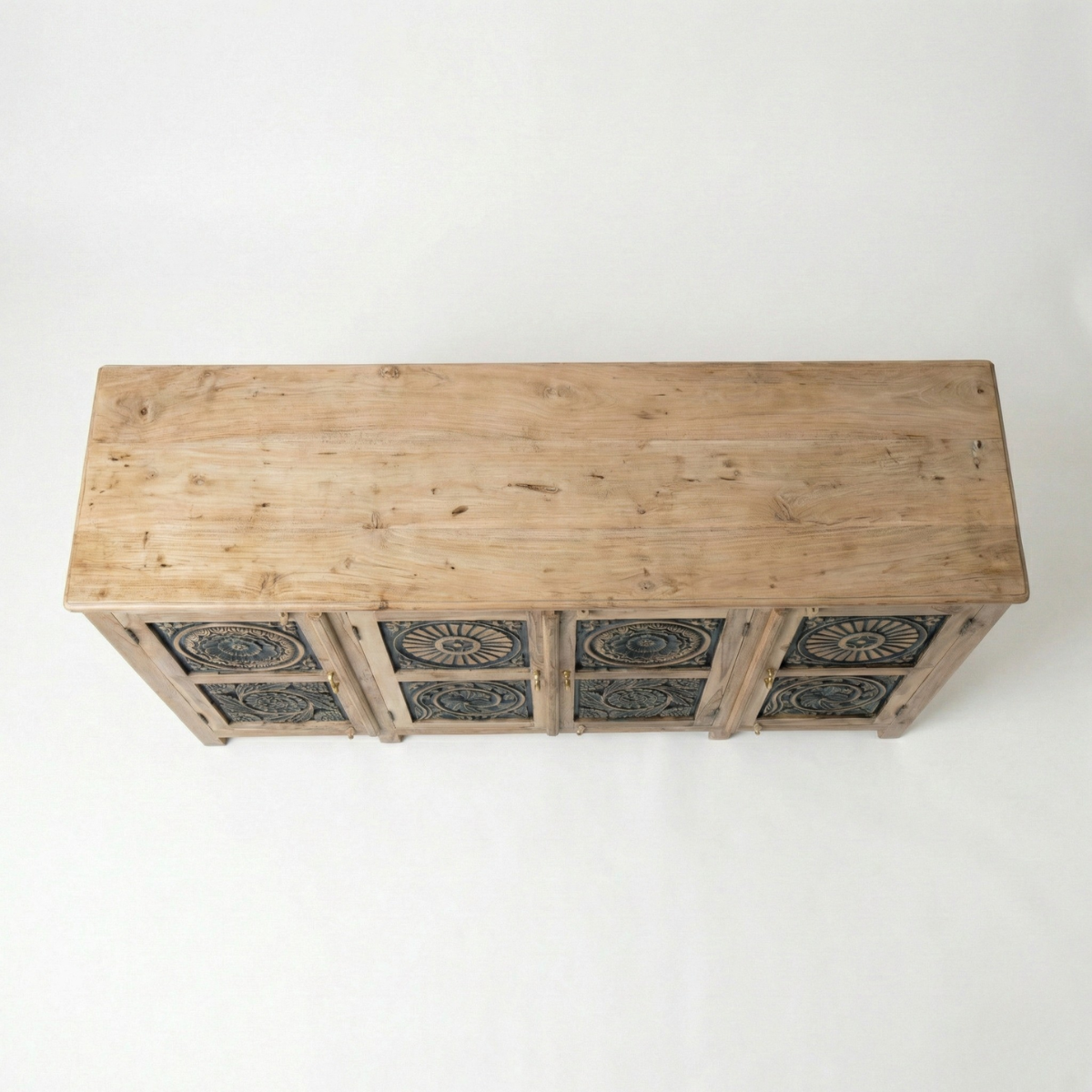 Meher Rustic Teak Wood 4 Door Carved Sideboard Cabinet