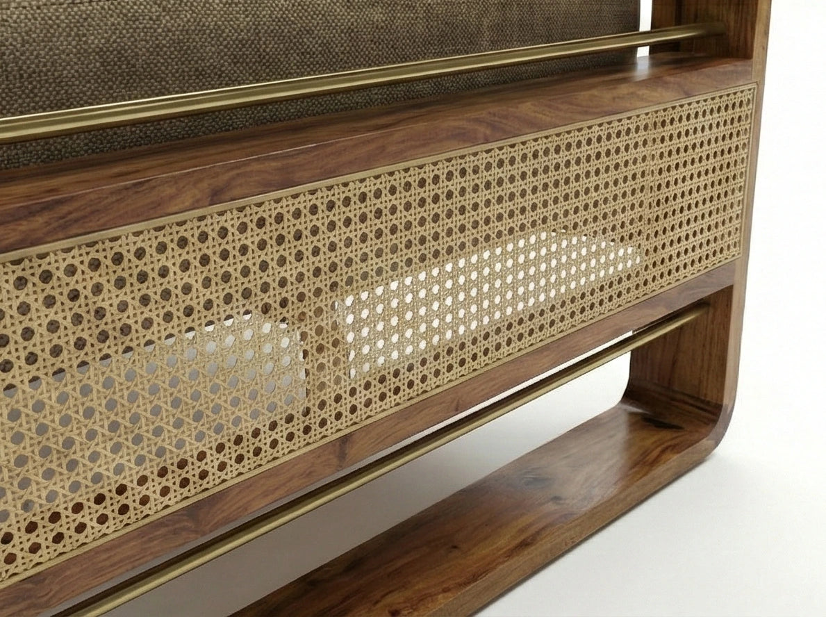 Brahmika Solid Wood Diwan with Cane Panel & Upholstered Cushion