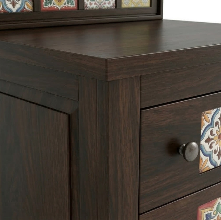 Solid Wood Dressing Table with Decorative Tile Inlay & Mirror