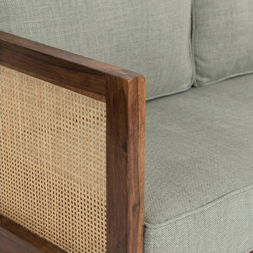 Solid Wood Cane 2-Seater Sofa with Upholstered Cushions
