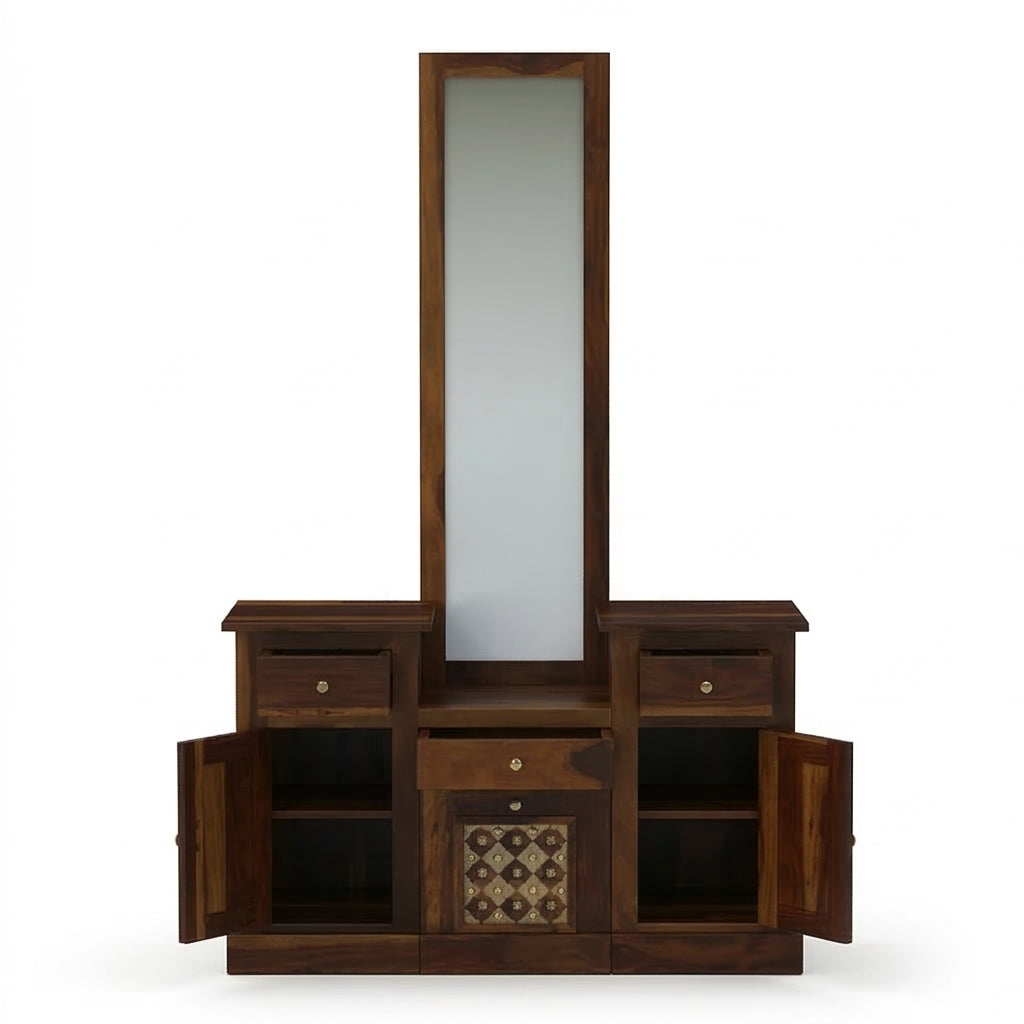Solid Wood Dressing Table with Dual Storage Units & Cushioned Stool