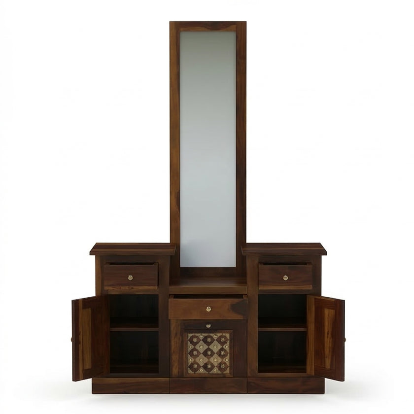 Solid Wood Dressing Table with Dual Storage Units & Cushioned Stool