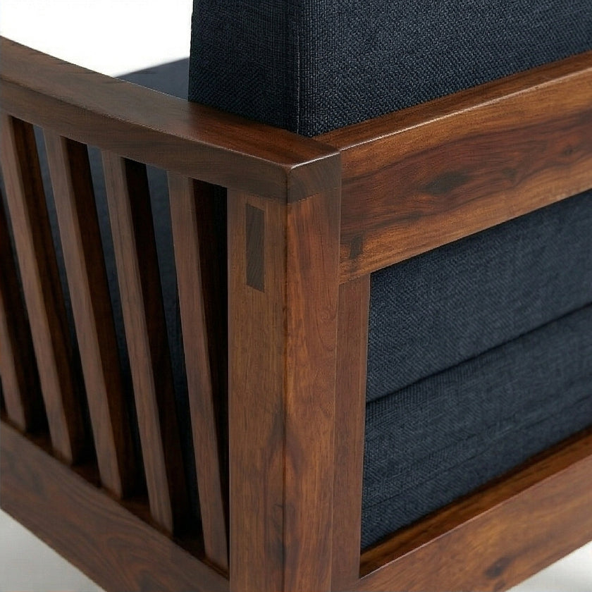 Solid Wood Armchair with Slatted Sides & Upholstered Cushion Contemporary Wooden Accent Chair