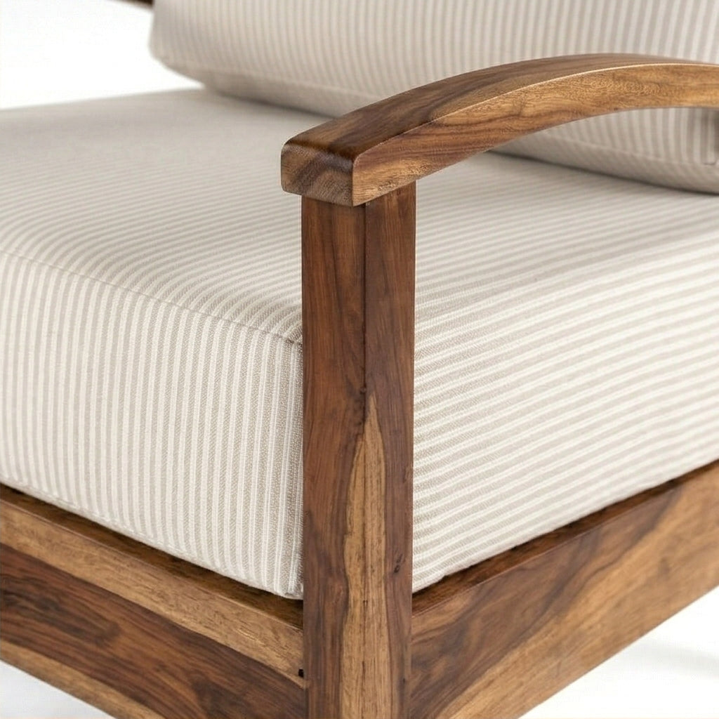 Solid Wood Lounge Armchair with Striped Upholstery