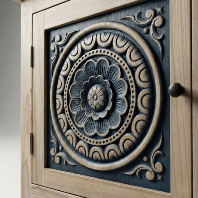 Meher Solid Teak Wood Floral Carved Bedside Table (2 Units)