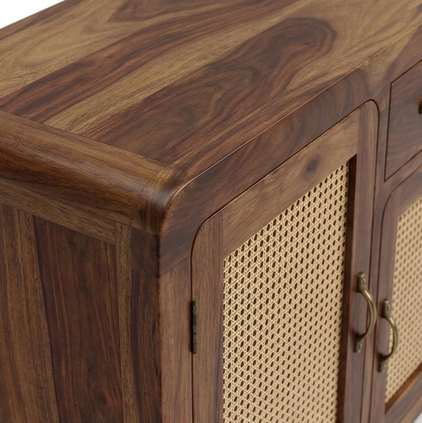 Handcrafted Solid Wood Shoe Rack Cabinet with Cane Doors & Drawer