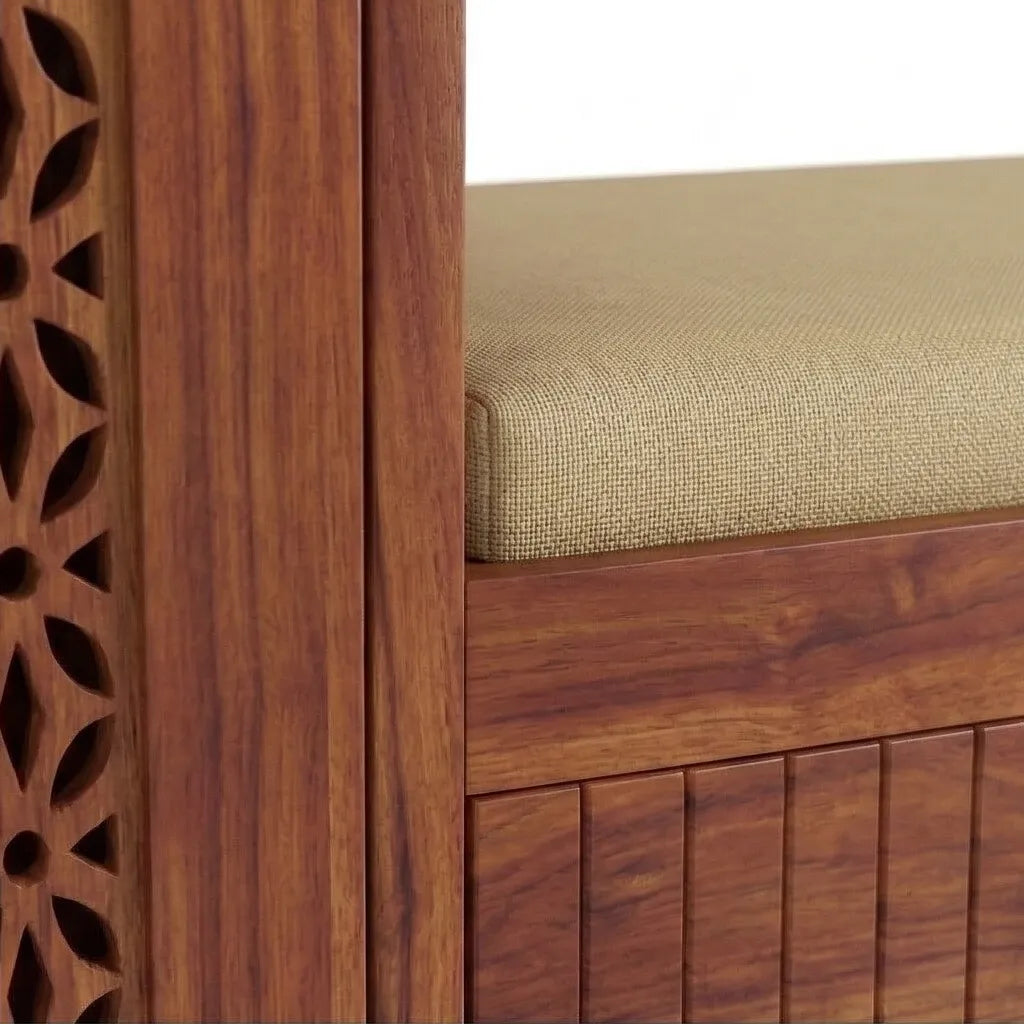 Solid Wood Shoe Rack with Carved Doors & Cushioned Bench Entryway Shoe Storage Cabinet