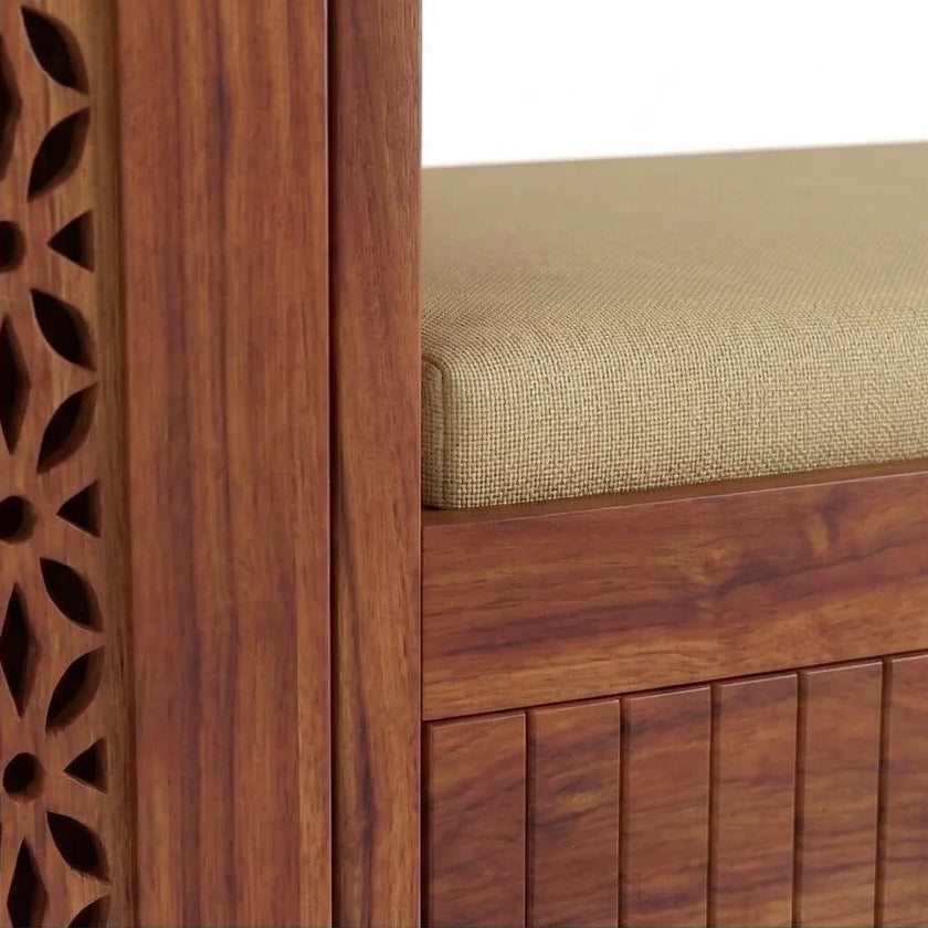 Solid Wood Shoe Rack with Carved Doors & Cushioned Bench Entryway Shoe Storage Cabinet