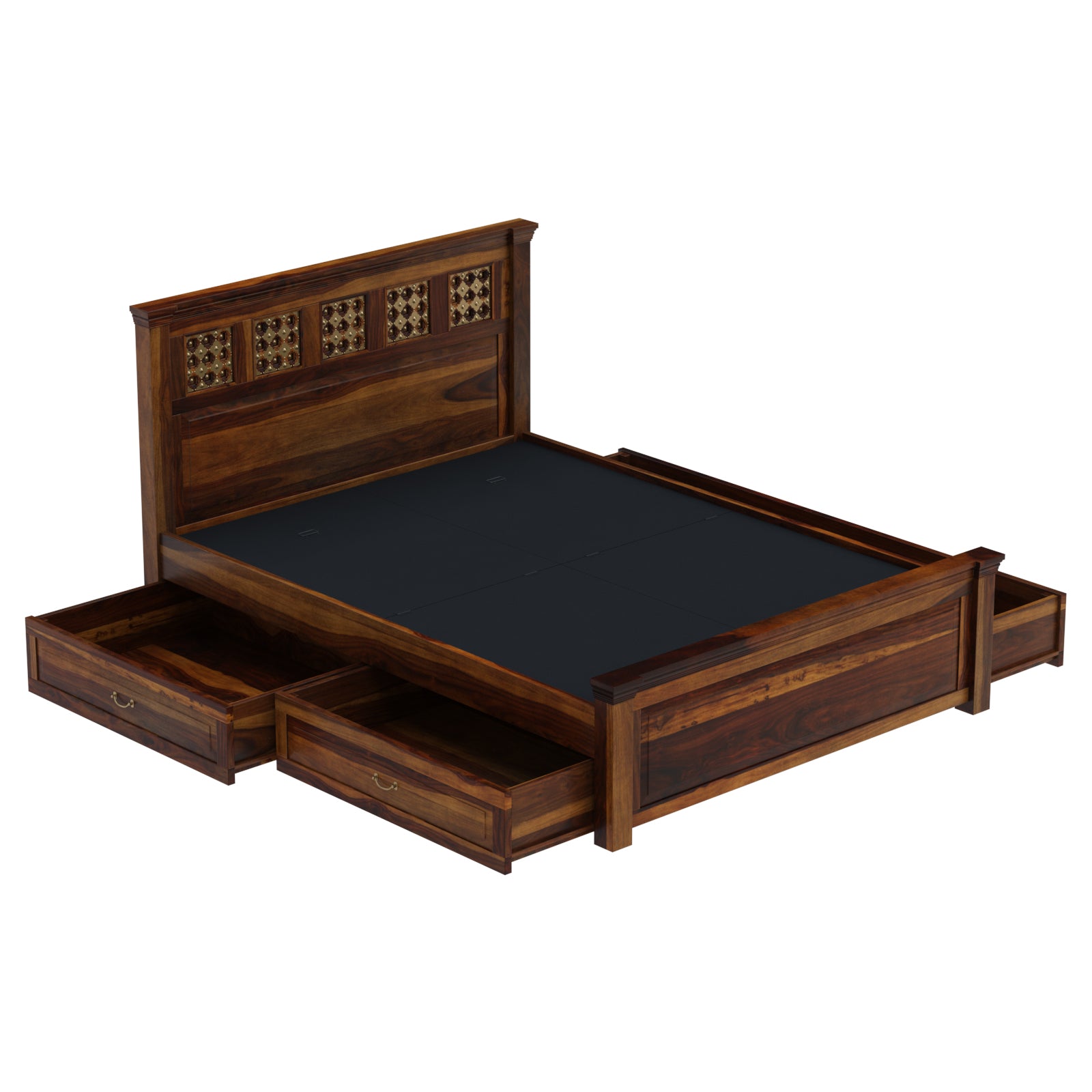 Heritage Style Sheesham Wood Bed with Brass Inlay Headboard