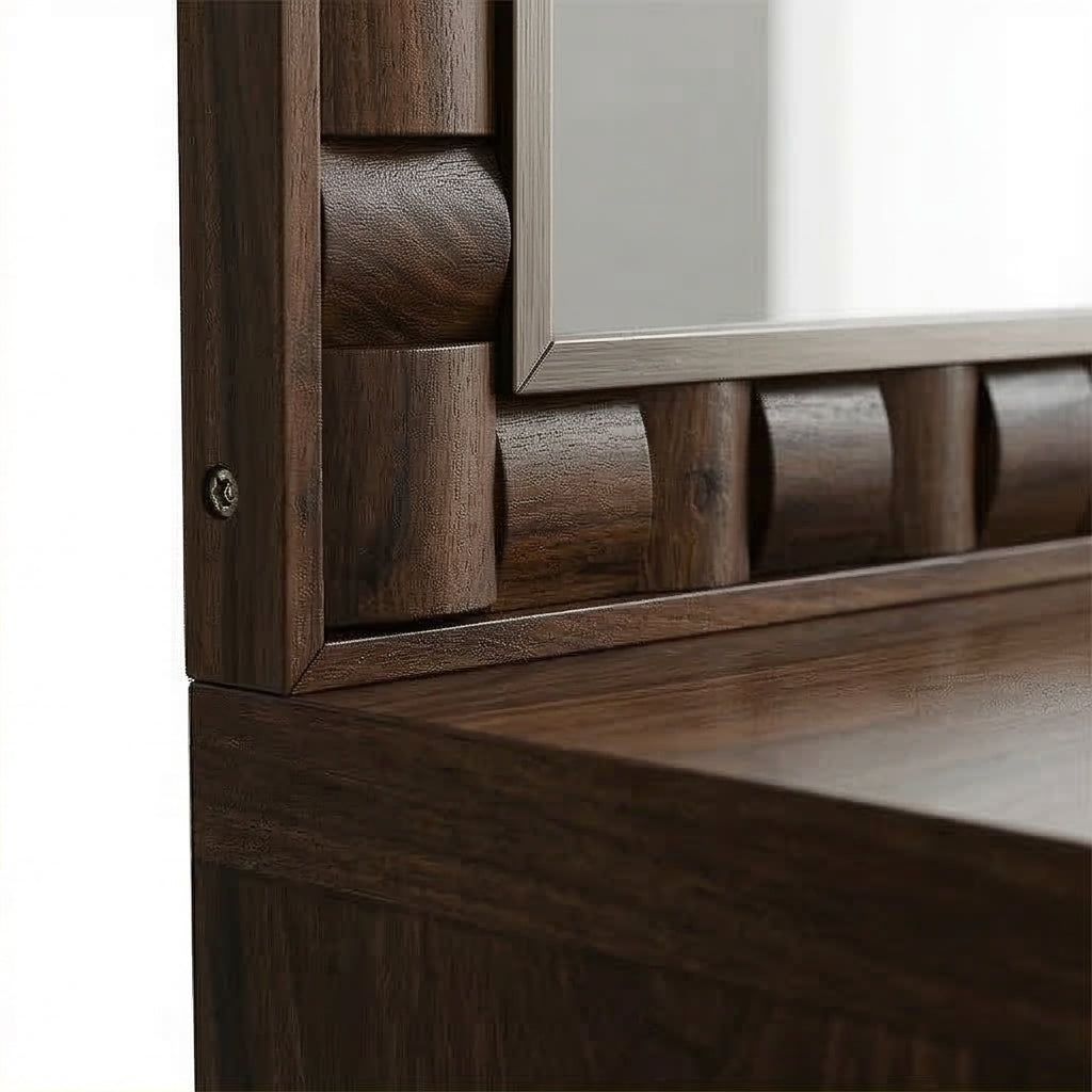 Solid Wood Dressing Table with Textured Panel Design & Storage Stool