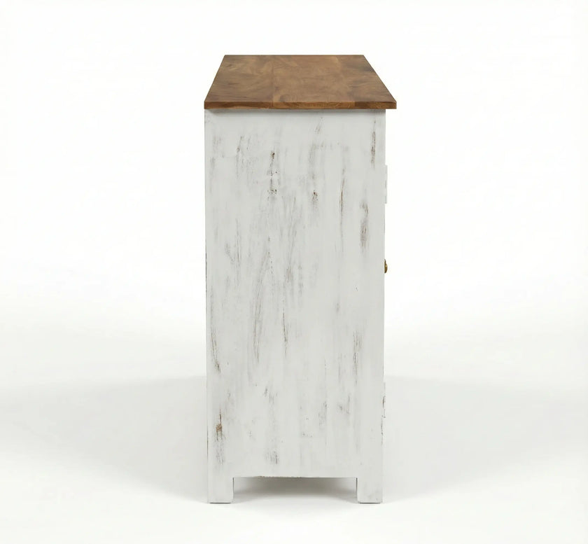 White Distressed Wooden Sideboard Cabinet with Carved Glass Doors