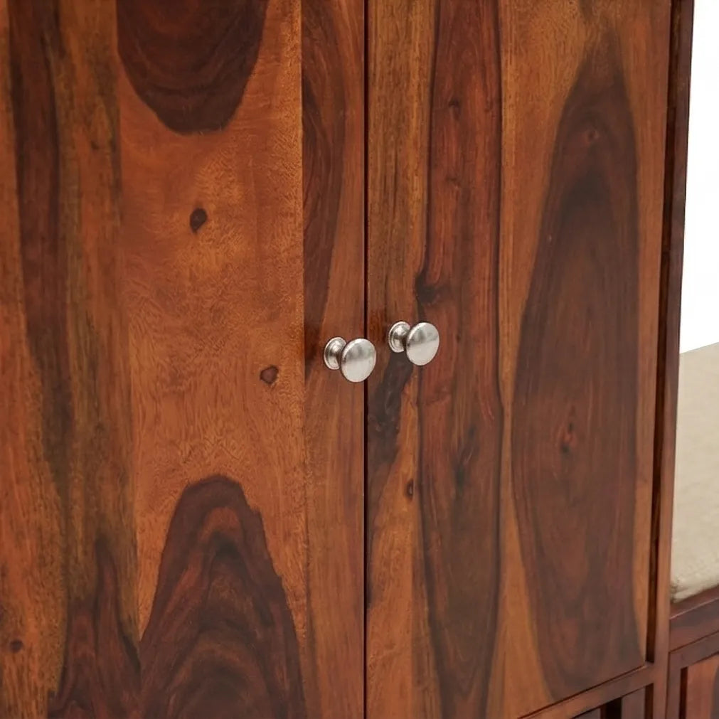 Solid Wood Shoe Rack with Storage Cabinet & Cushioned Bench