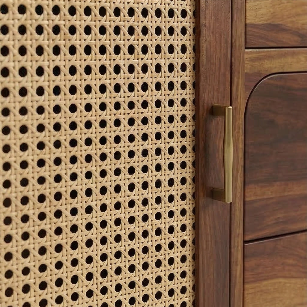 Solid Wood Sideboard Cabinet with Cane Doors & Drawer Storage