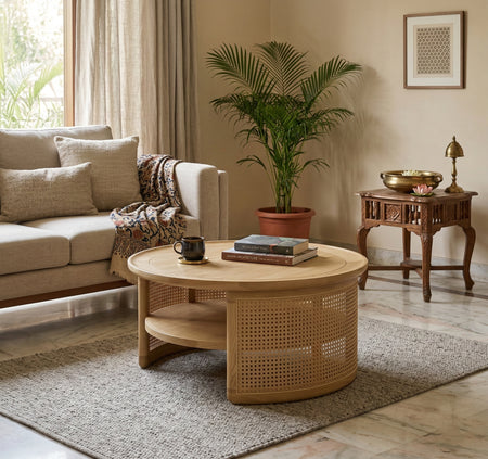 Aprd Round Solid Wood Cane Coffee Table with Storage Shelf
