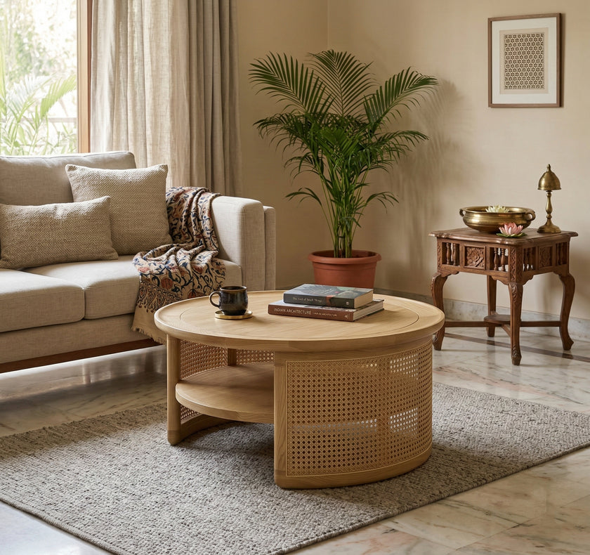 Aprd Round Solid Wood Cane Coffee Table with Storage Shelf