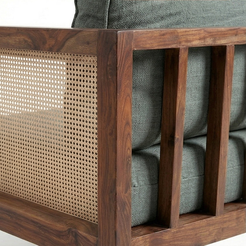 Solid Wood Cane Armchair with Upholstered Cushion Modern Rattan Accent Chair