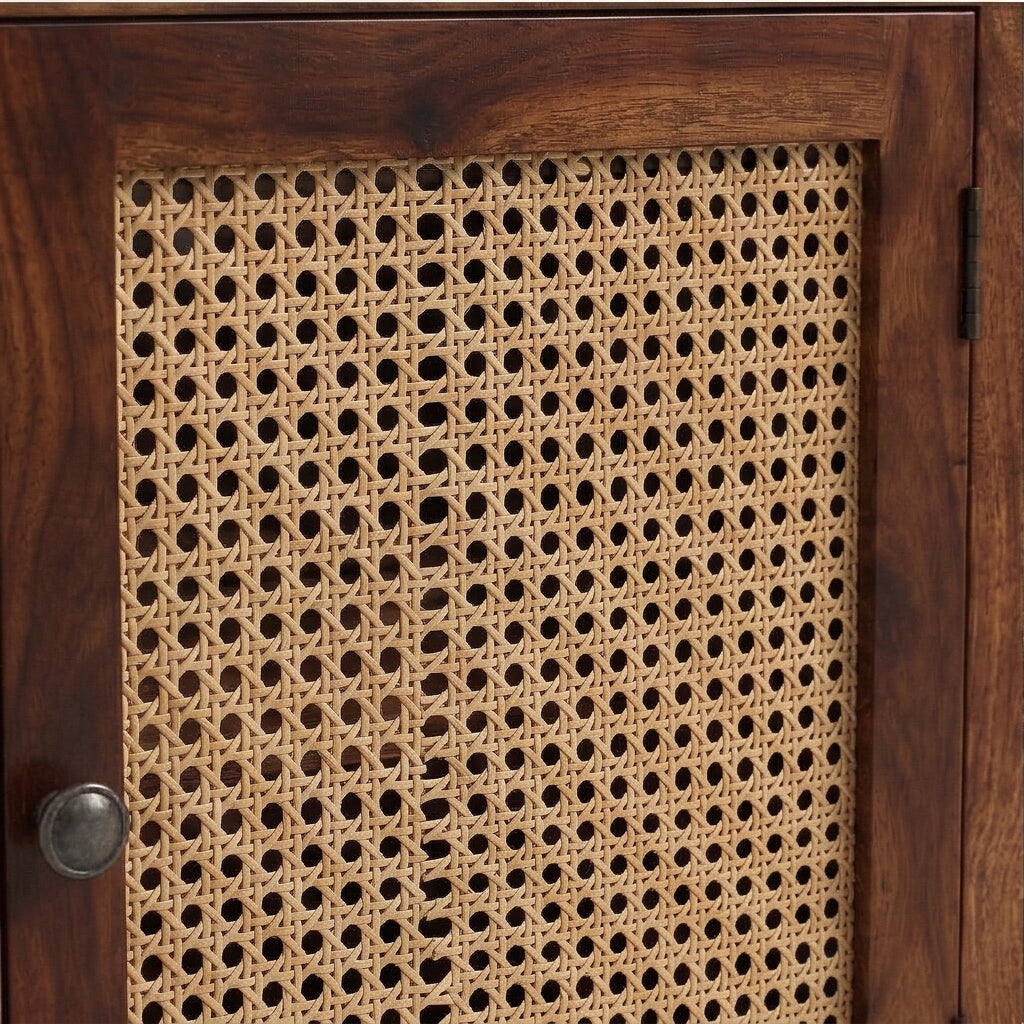 Solid Wood Cane Sideboard Cabinet Wooden Storage Console with Drawers