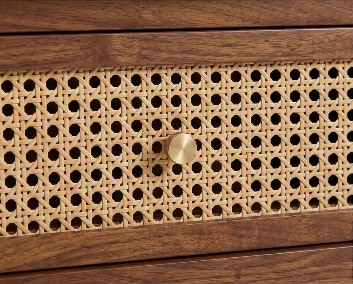 Mid-Century Solid Wood Coffee Table Cane Drawer Coffee Table with Shelf