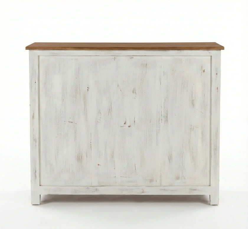 White Distressed Wooden Sideboard Cabinet with Carved Glass Doors