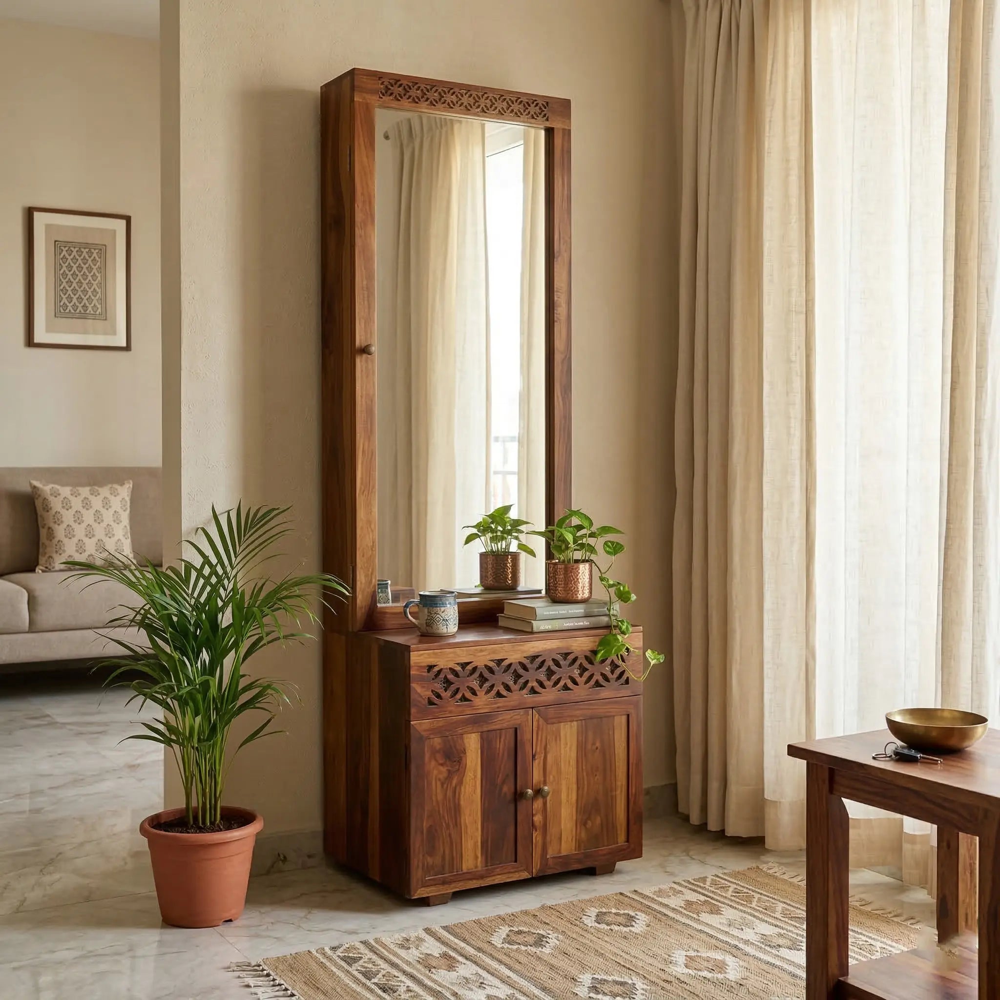 Solid Wood Dressing Table with Full-Length Mirror & Storage Cabinet
