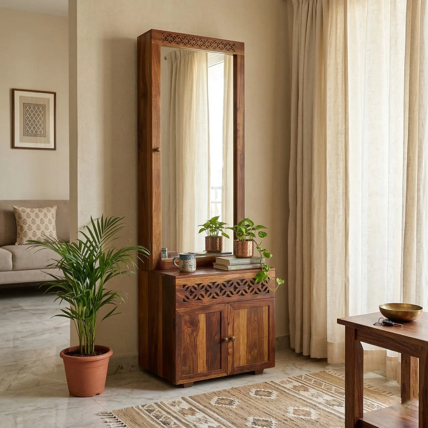 Solid Wood Dressing Table with Full-Length Mirror & Storage Cabinet