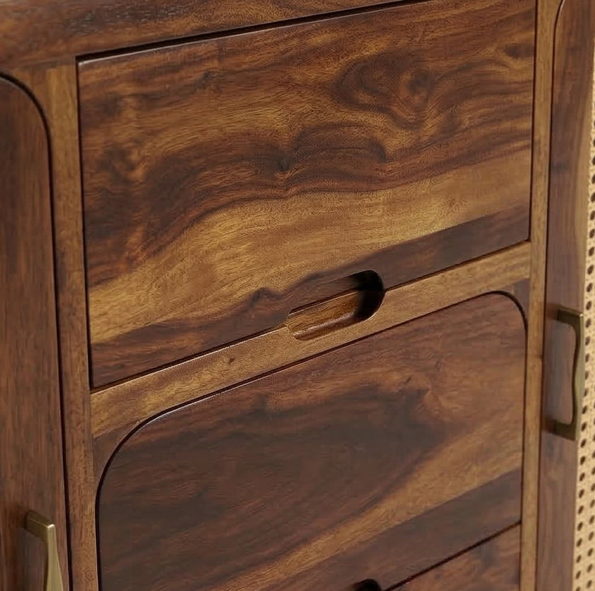 Solid Wood Sideboard Cabinet with Cane Doors & Drawer Storage