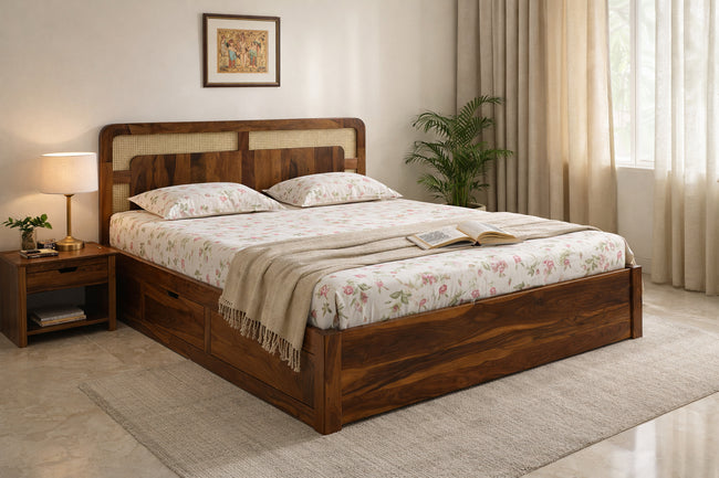 WC83 Solid Wood BoxStorage Bed with Cane Panel Headboard