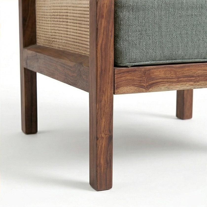 Solid Wood Cane Armchair with Upholstered Cushion Modern Rattan Accent Chair