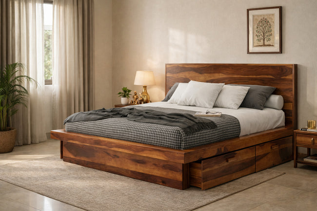 Aranya Solid Wood Storage Bed with Natural Grain Headboard