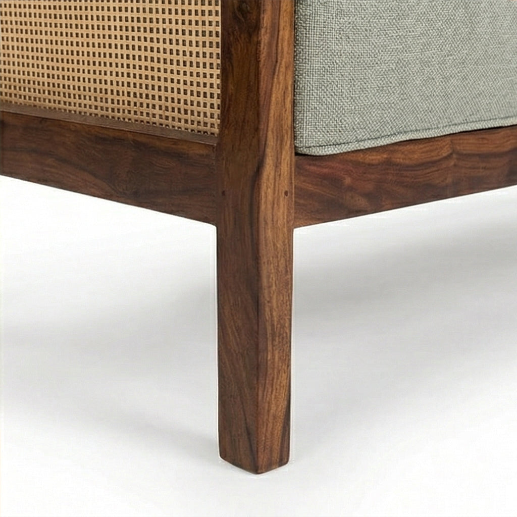 Solid Wood Cane 2-Seater Sofa with Upholstered Cushions