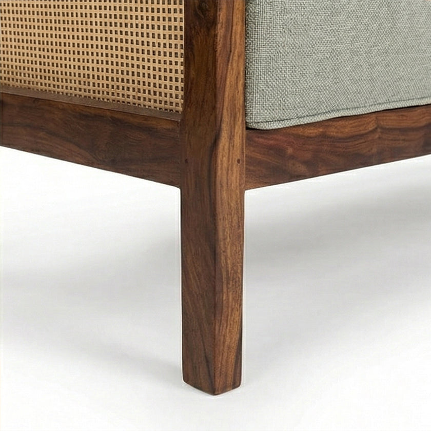 Solid Wood Cane 2-Seater Sofa with Upholstered Cushions